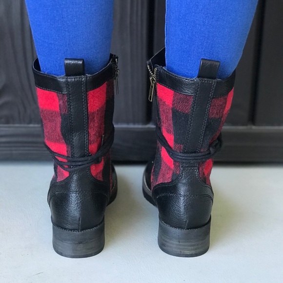 Red Plaid Flannel Lace Up Combat Moto Boots - Picture 7 of 8